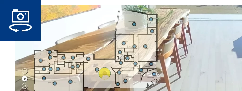 Floor plan overlay with blue hotspots shown over a bright dining room, illustrating a 3D home tour.